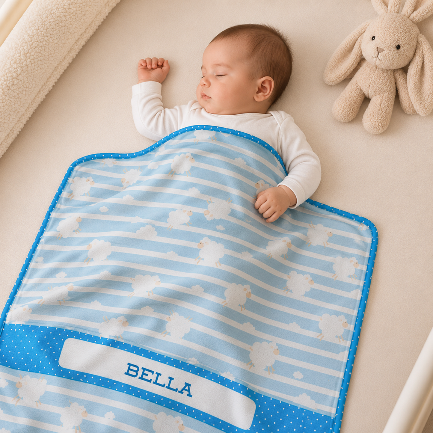 Baby wrapped in personalized sky sheep blue fleece blanket as calming shower gift
