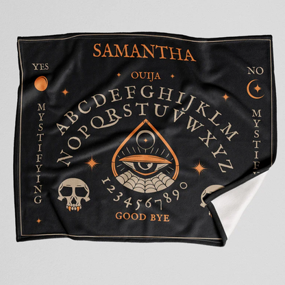 Close-up of ouija board gothic design detail on polyester fleece throw blanket
