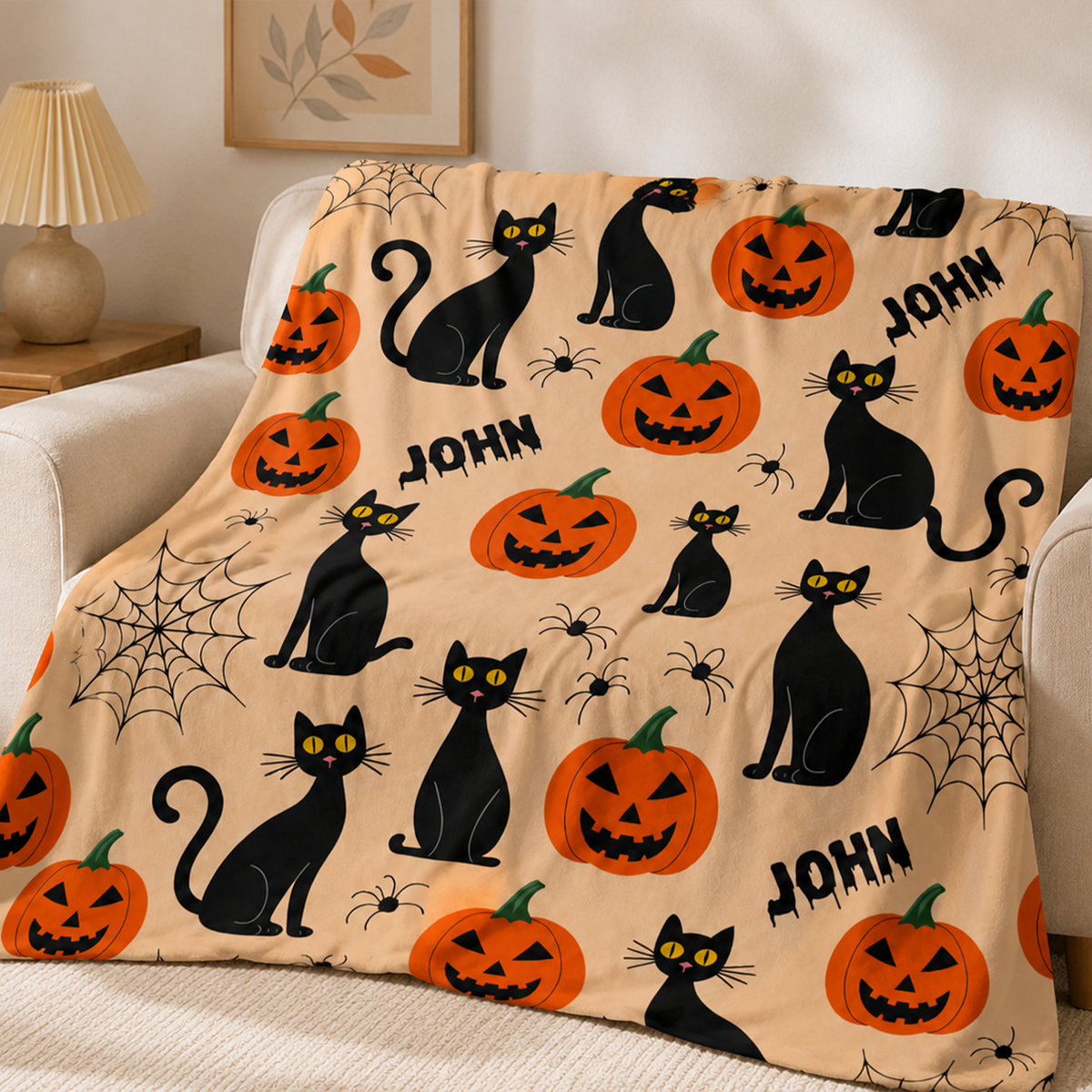 Personalized Halloween Throw Blanket | Custom Name Pumpkin & Black Cat Blanket