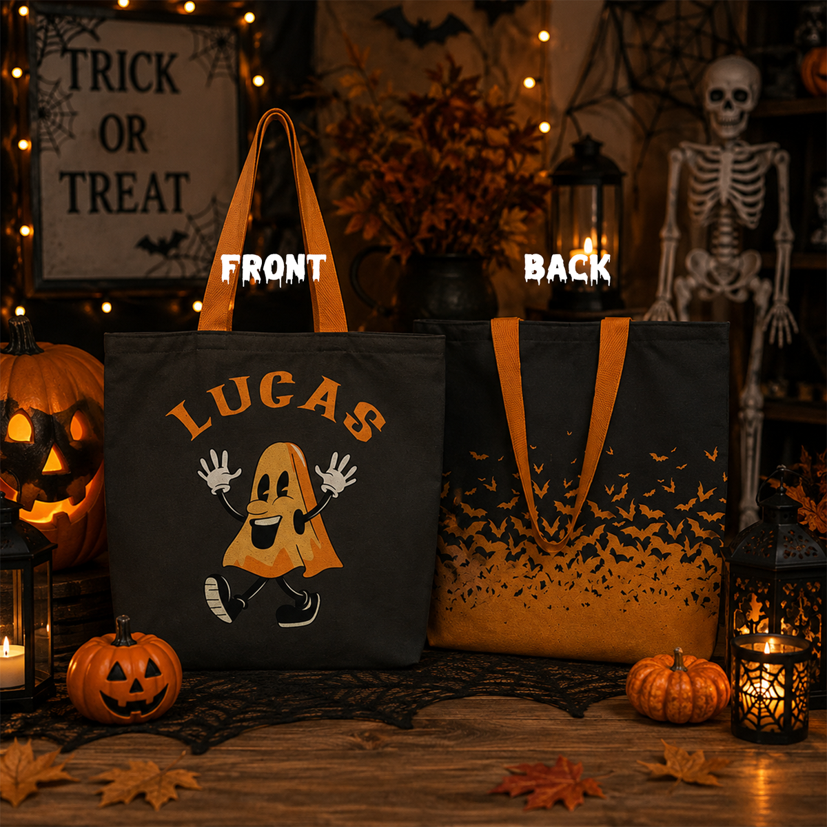 Custom name on retro ghost march cotton canvas tote bag for Halloween trick or treat

