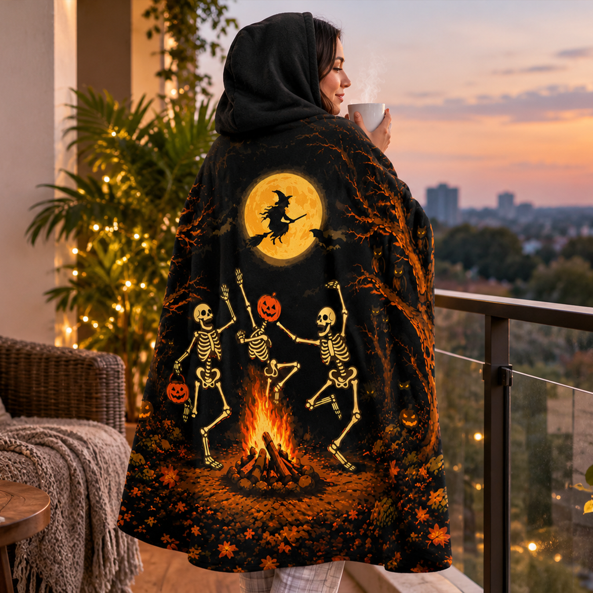 Halloween Skeleton Hooded Blanket | Campfire Skeleton Design