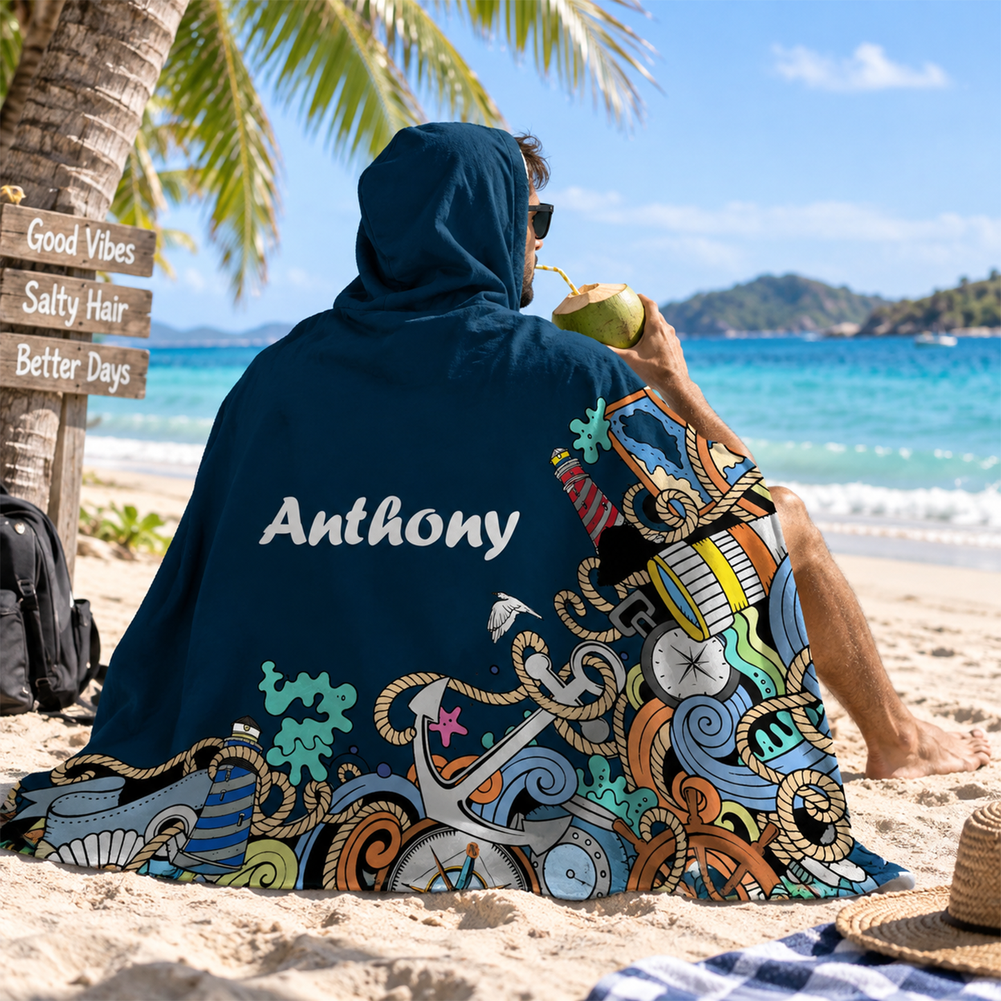 Custom name on nautical blast Minky fleece hooded wearable blanket for ocean and beach lovers
