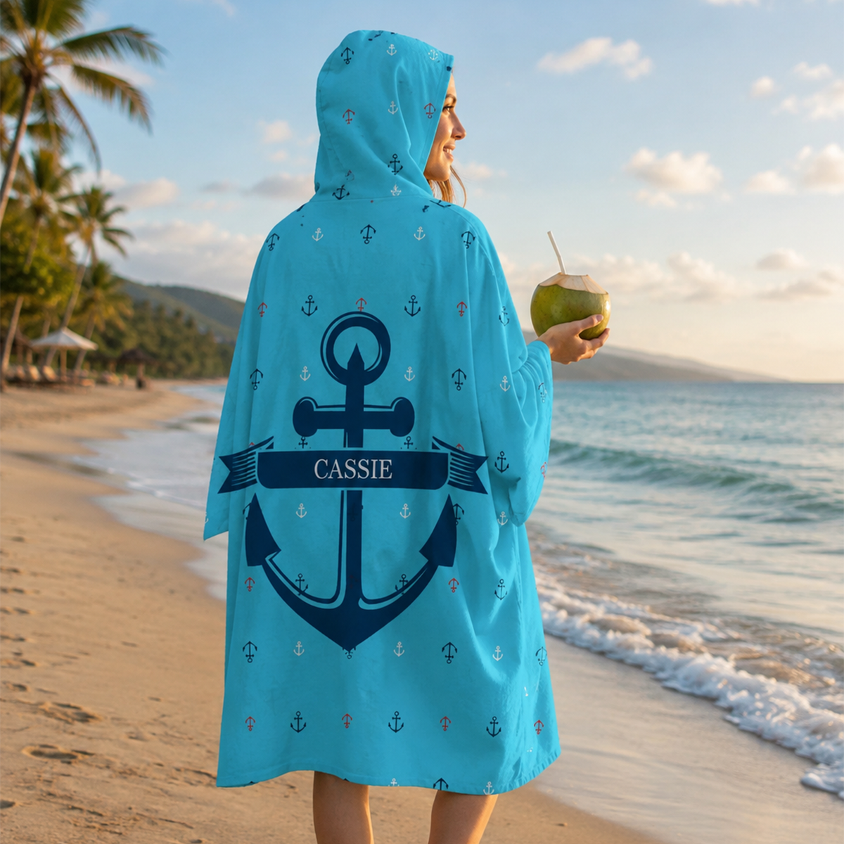 Custom name on bluepeter Minky fleece hooded wearable blanket for nautical and ocean lovers
