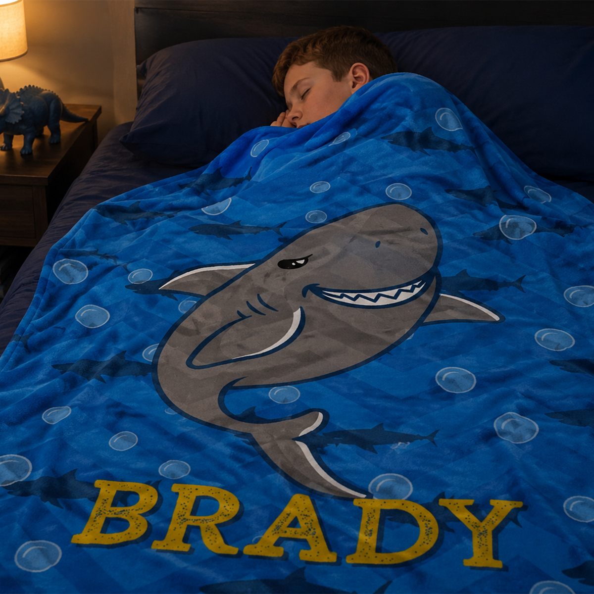 Sharky bubbles kids throw blanket personalized with custom name in playful fleece design
