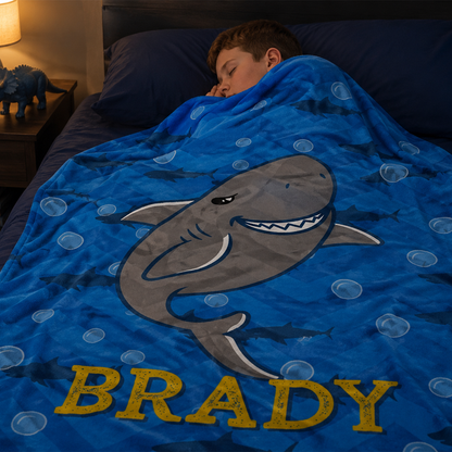 Sharky bubbles kids throw blanket personalized with custom name in playful fleece design
