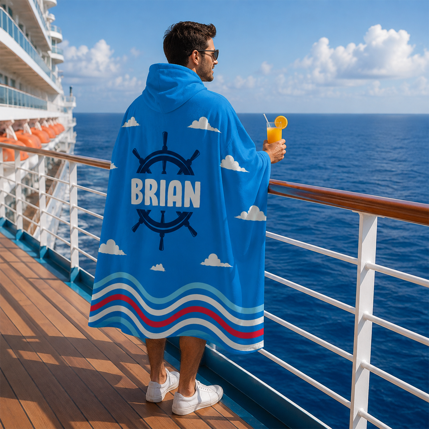 Custom name on ocean breeze Minky fleece hooded wearable blanket for beach and coastal lovers
