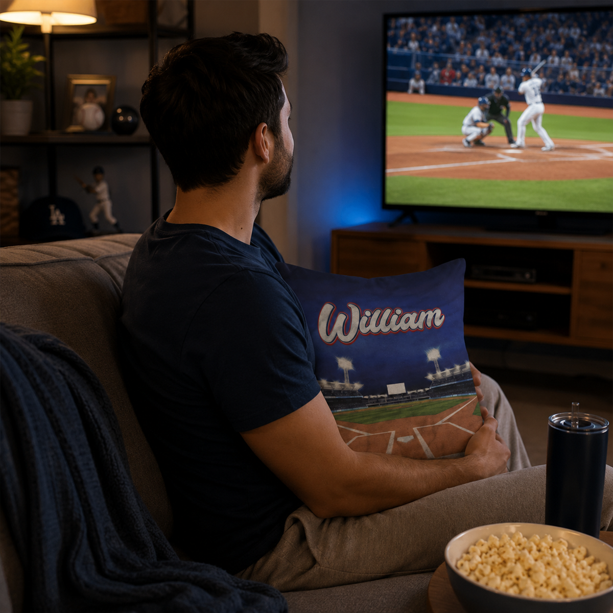 Custom name on baseball field cotton throw pillow for baseball fans and kids room
