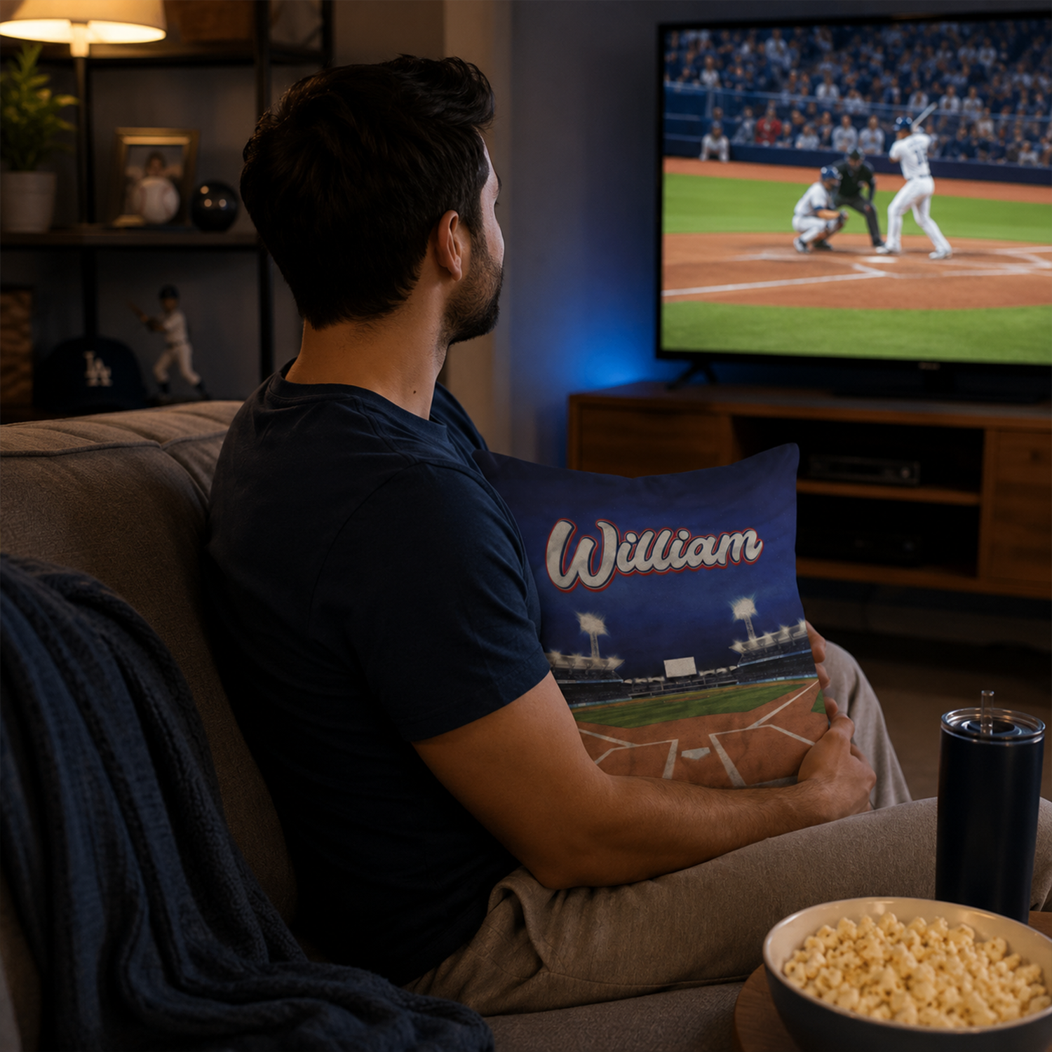 Custom name on baseball field cotton throw pillow for baseball fans and kids room
