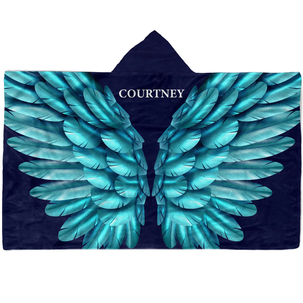 Custom name on turquoise angel wings Minky fleece hooded wearable blanket
