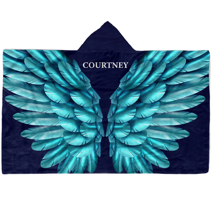 Custom name on turquoise angel wings Minky fleece hooded wearable blanket
