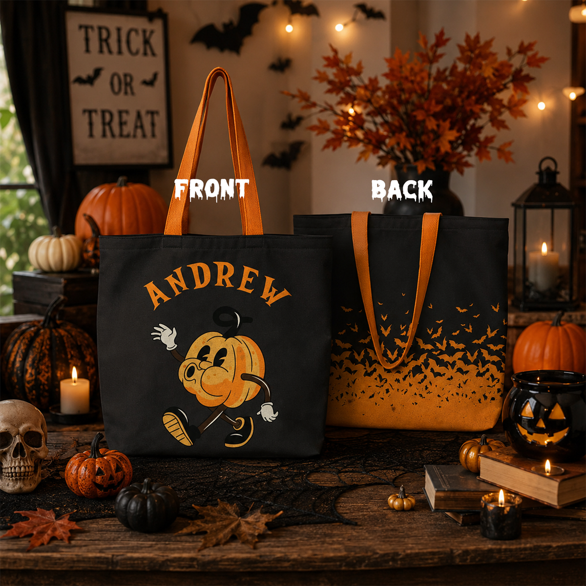Close-up of custom name on Halloween pumpkin cotton canvas tote bag 15 by 16 inch
