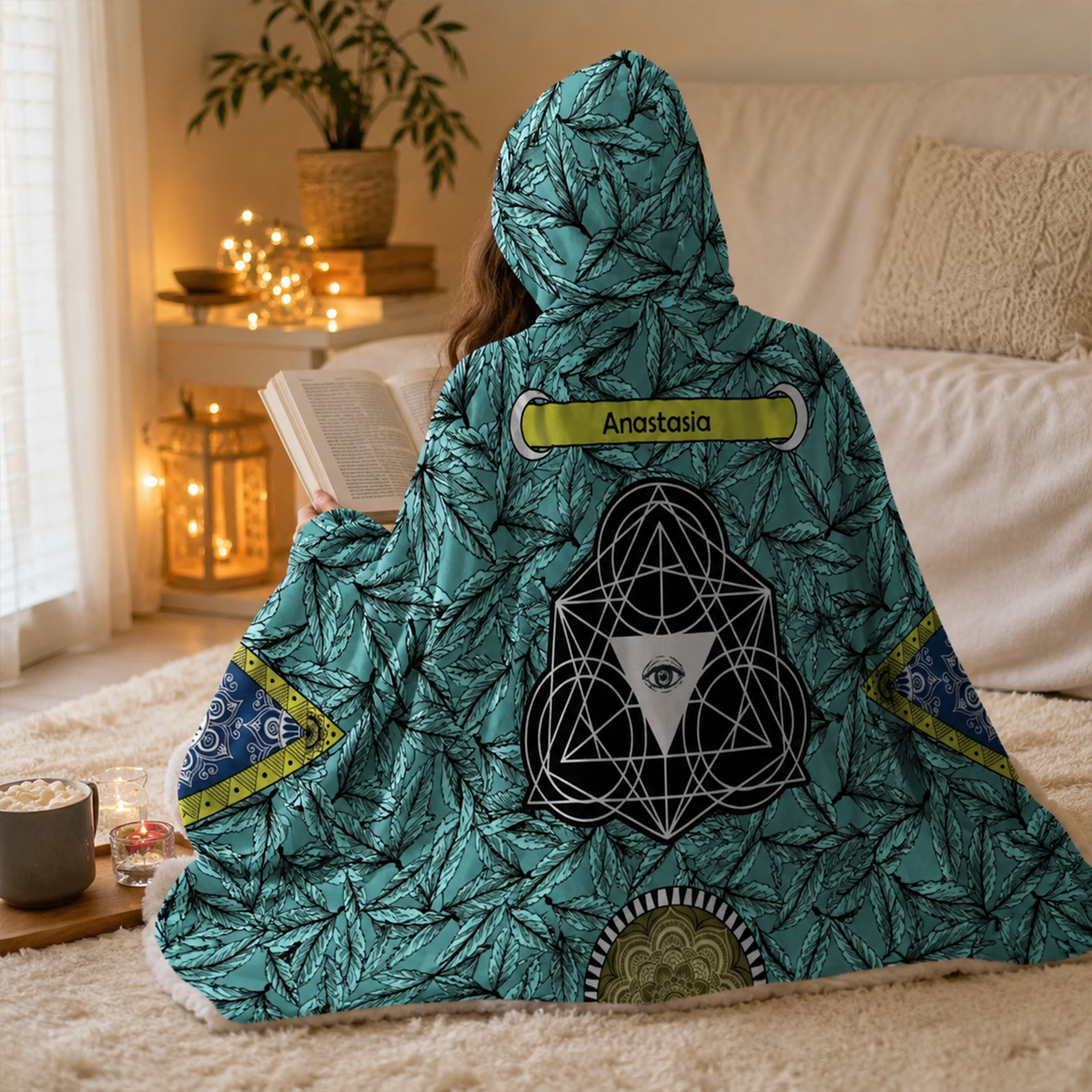 Custom name on bohemian princess Minky fleece hooded wearable blanket for boho women and teens
