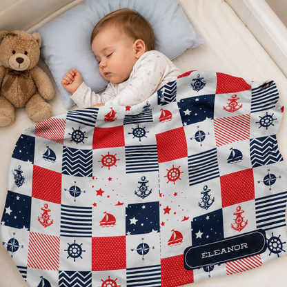 Baby boy wrapped in personalized sailor nautical fleece blanket as baby shower gift
