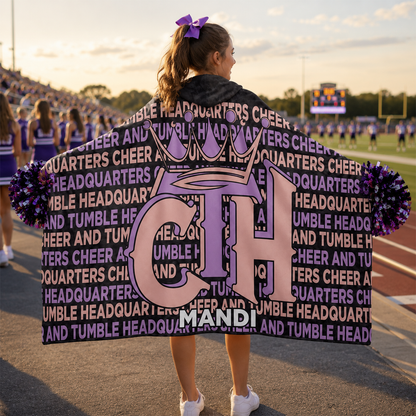 Cheerleader wearing personalized cheer tumble hooded blanket as end of season gift
