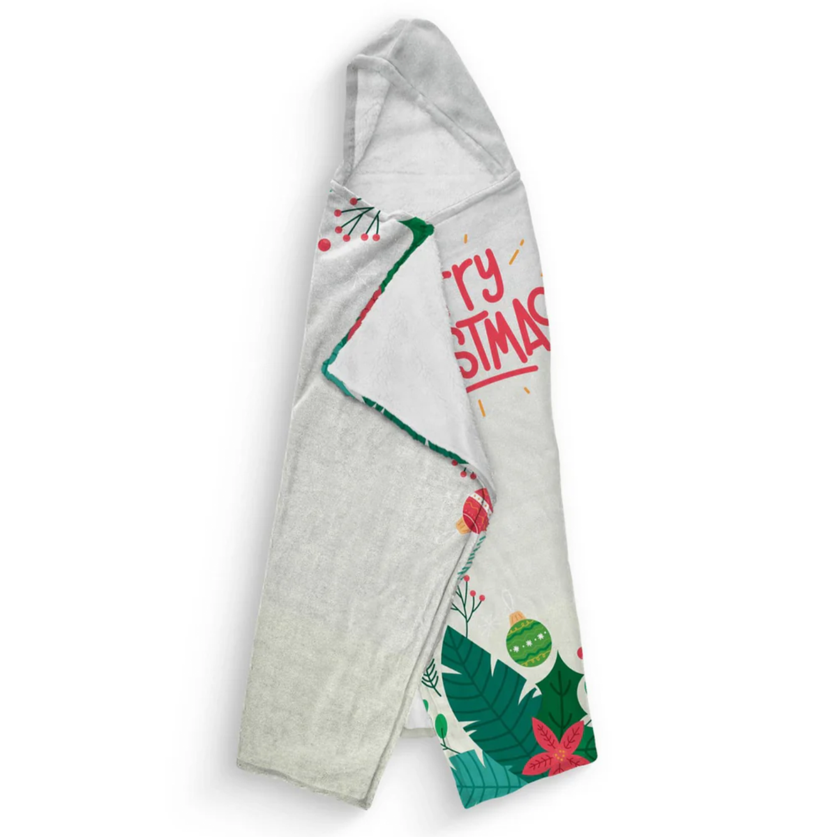 Close-up of custom name on Merry Christmas Minky fleece hooded wearable blanket
