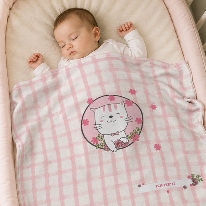 Baby girl wrapped in personalized pink bowtie kitten fleece blanket as shower gift
