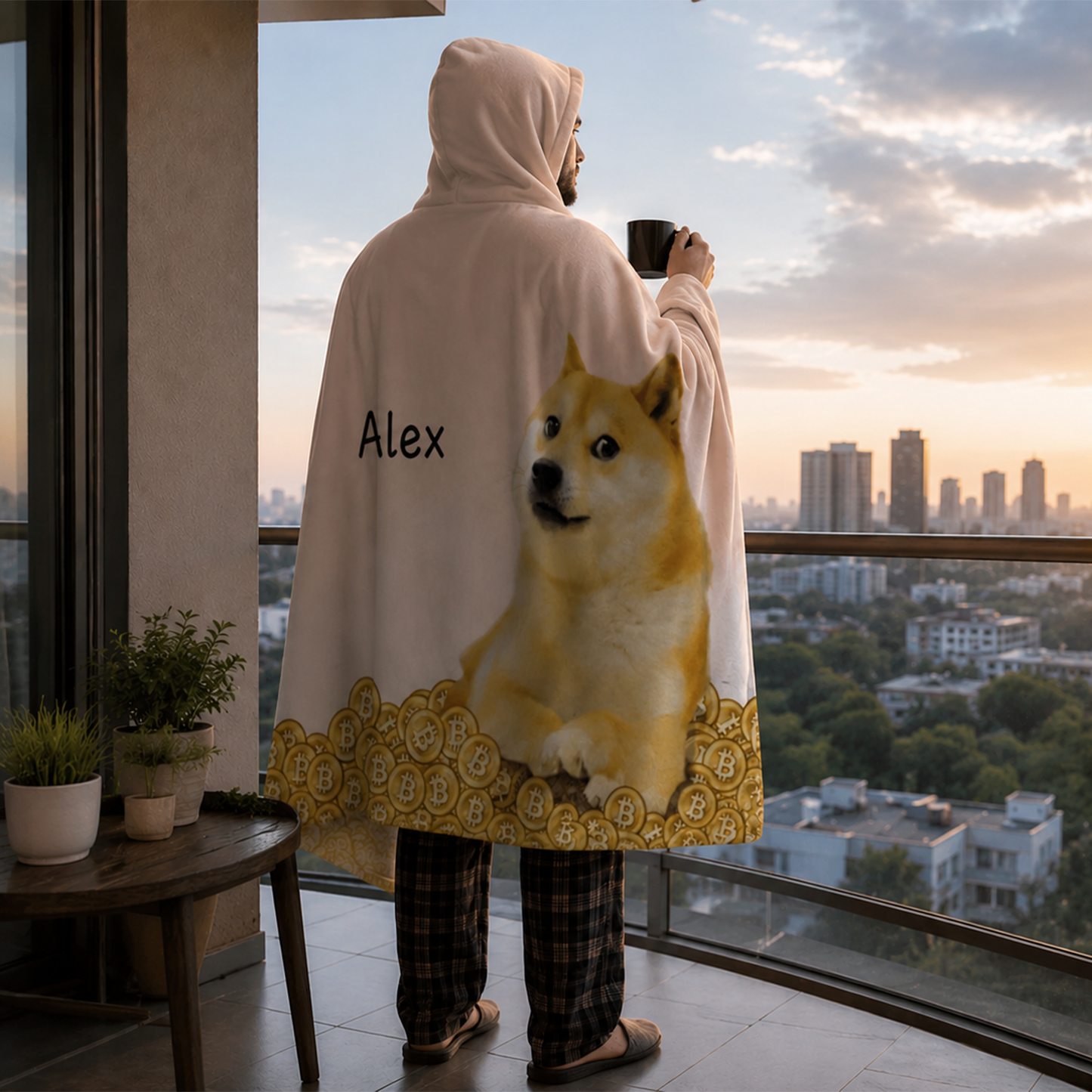Crypto fan wearing personalized Dogecoin Shiba Inu v2 hooded blanket as birthday gift

