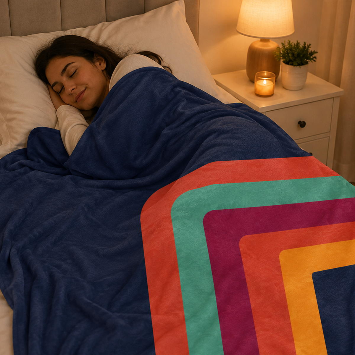Person wrapped in round squares retro throw blanket as housewarming birthday gift
