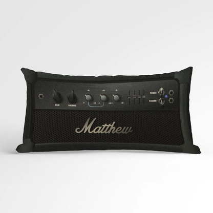 Close-up of custom name on music amp cotton throw pillow 13 by 24 inch
