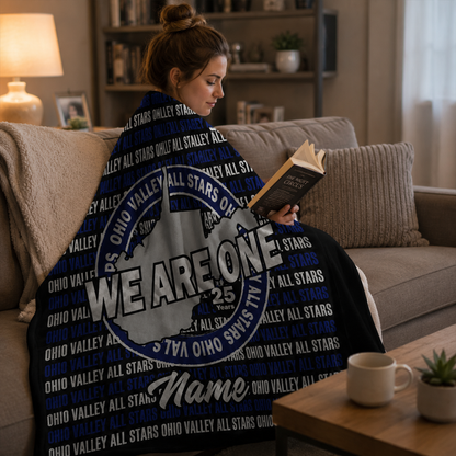 Fan wrapped in personalized Ohio Valley we are one blanket as community gift
