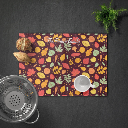 Close-up of custom name on fall plaid cotton placemat 15 by 12 inch autumn decor
