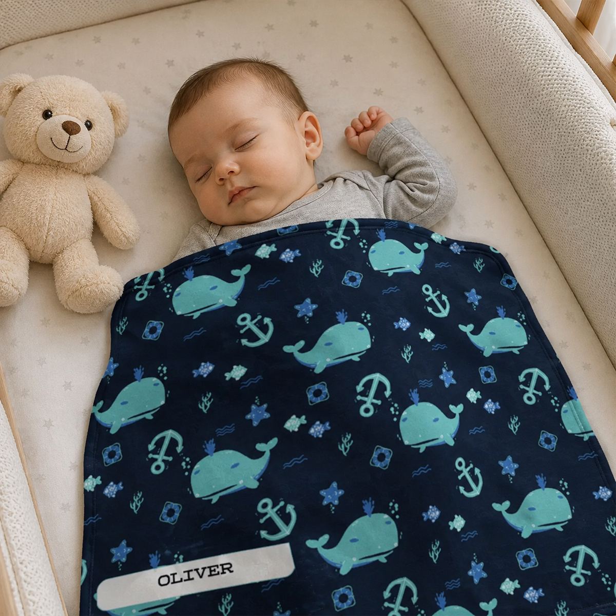 Blue Sea Creature Baby Blanket | Personalized Whale and Ocean Fleece Gift for Baby Shower