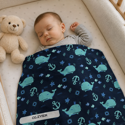 Blue Sea Creature Baby Blanket | Personalized Whale and Ocean Fleece Gift for Baby Shower