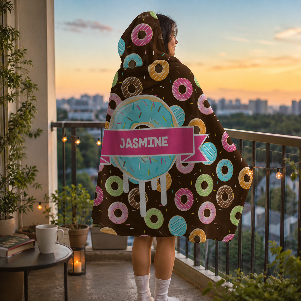 Custom name on donutz Minky fleece hooded wearable blanket for sweet tooth and donut loving women
