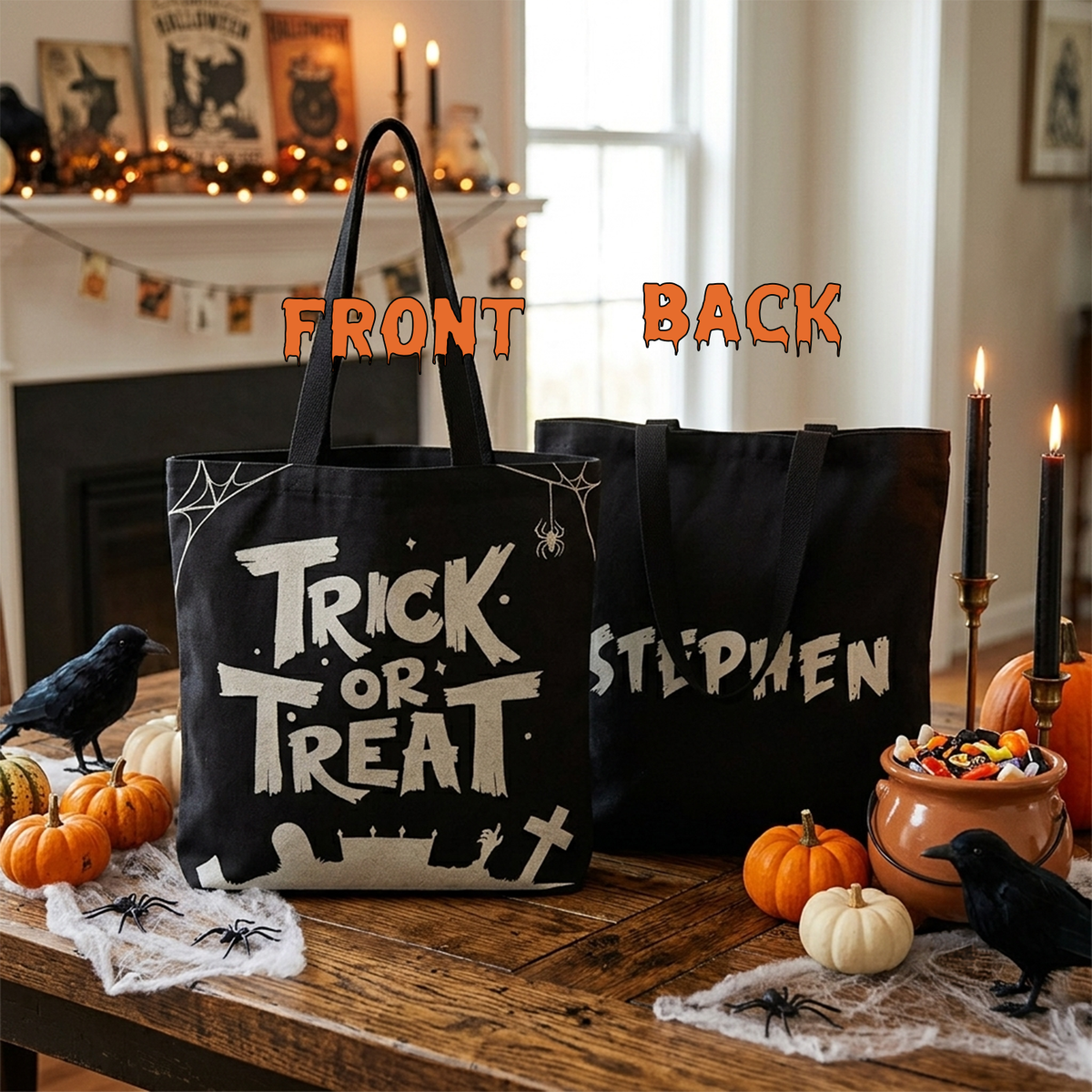 Close-up of custom name on trick or treat cotton canvas Halloween tote 15 by 16 inch
