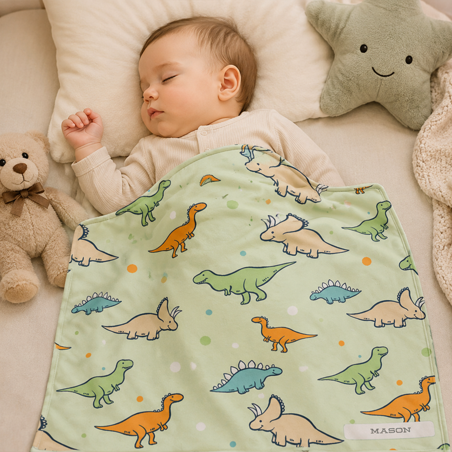 Baby boy wrapped in personalized colorful dinosaur fleece blanket as shower gift
