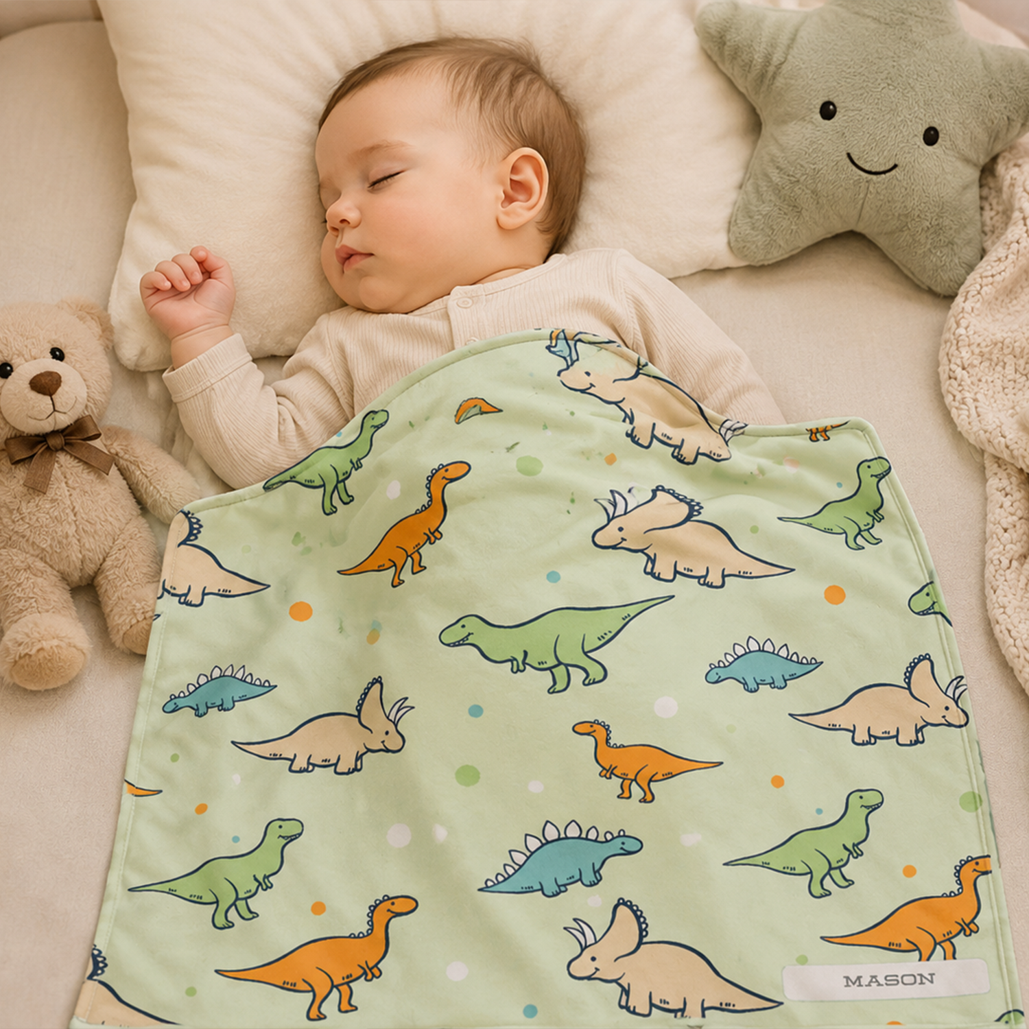 Baby boy wrapped in personalized colorful dinosaur fleece blanket as shower gift
