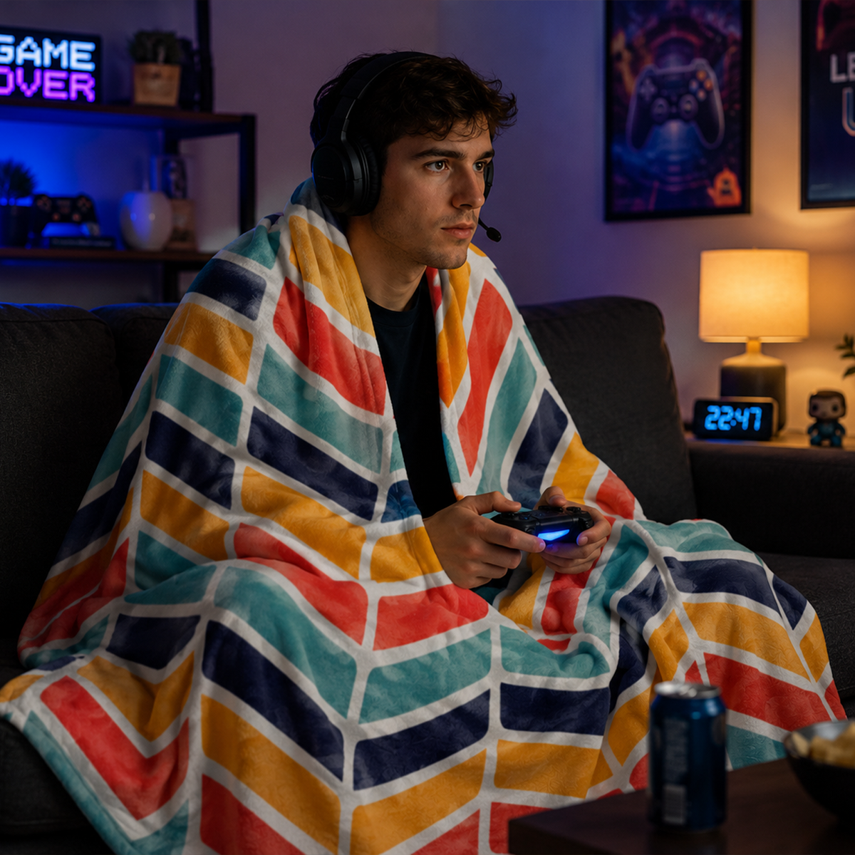 Person wrapped in chevron retro throw blanket as bold housewarming birthday gift
