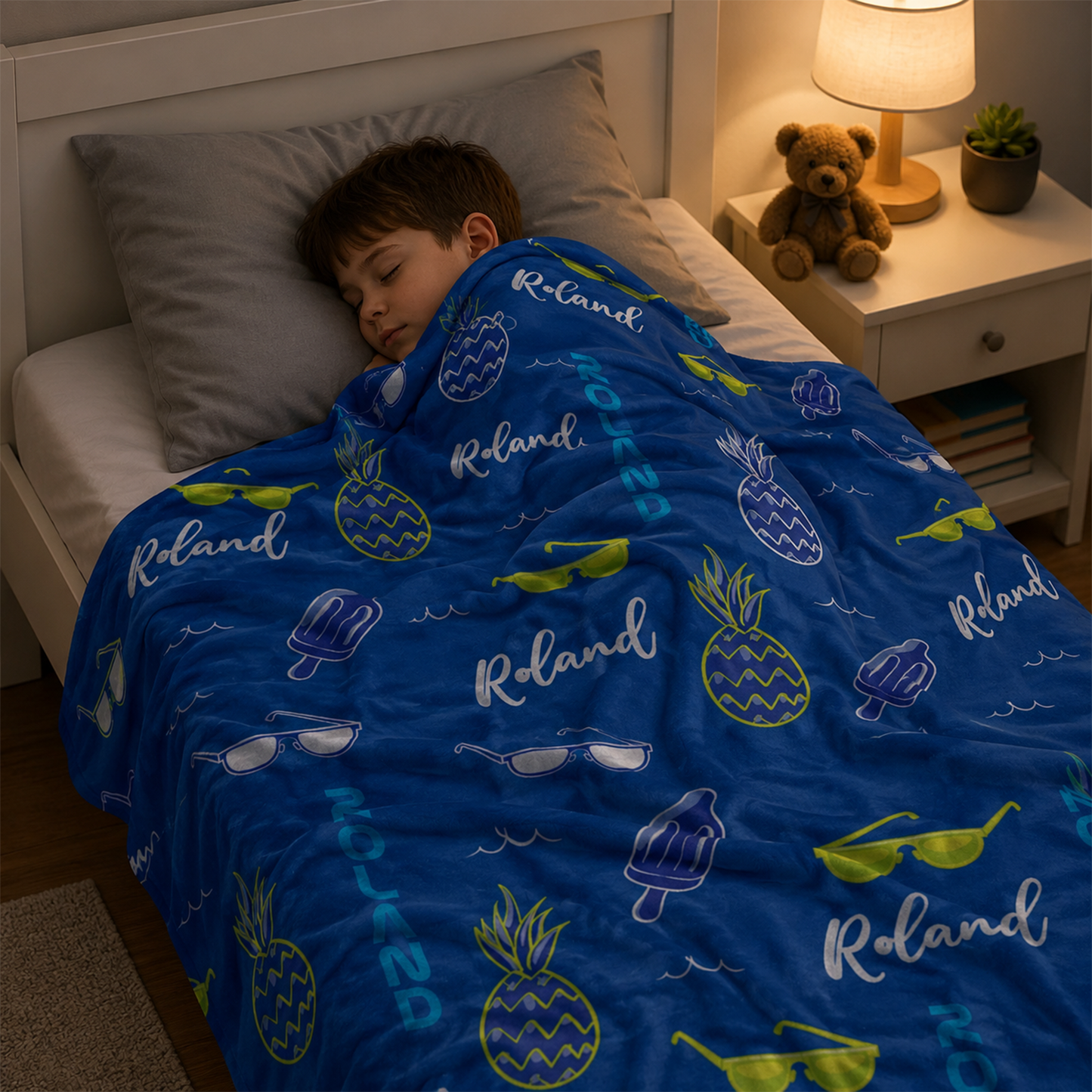 Personalized summery print kids blanket as birthday and summer gift for vibrant design kids
