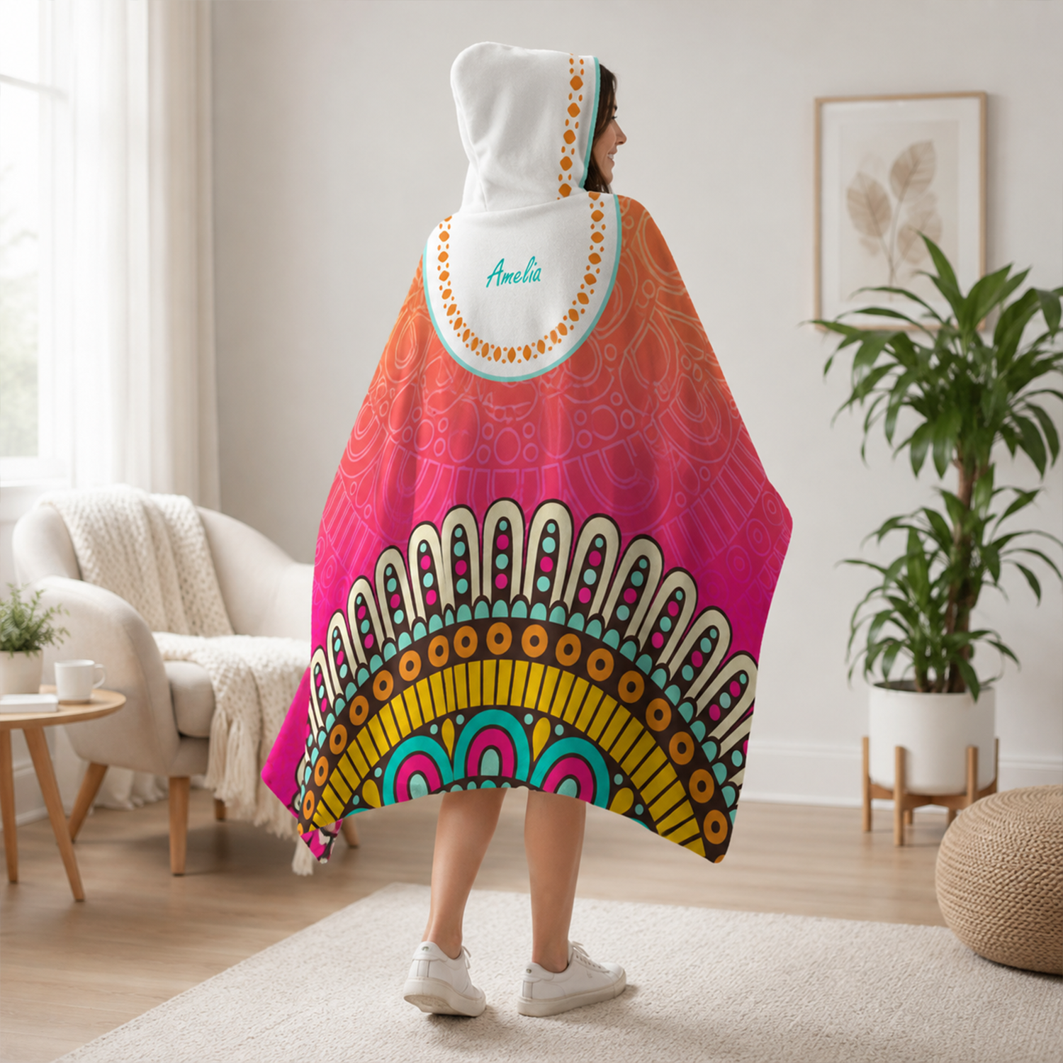 Custom name on sunrise Minky fleece hooded wearable blanket for women and teens
