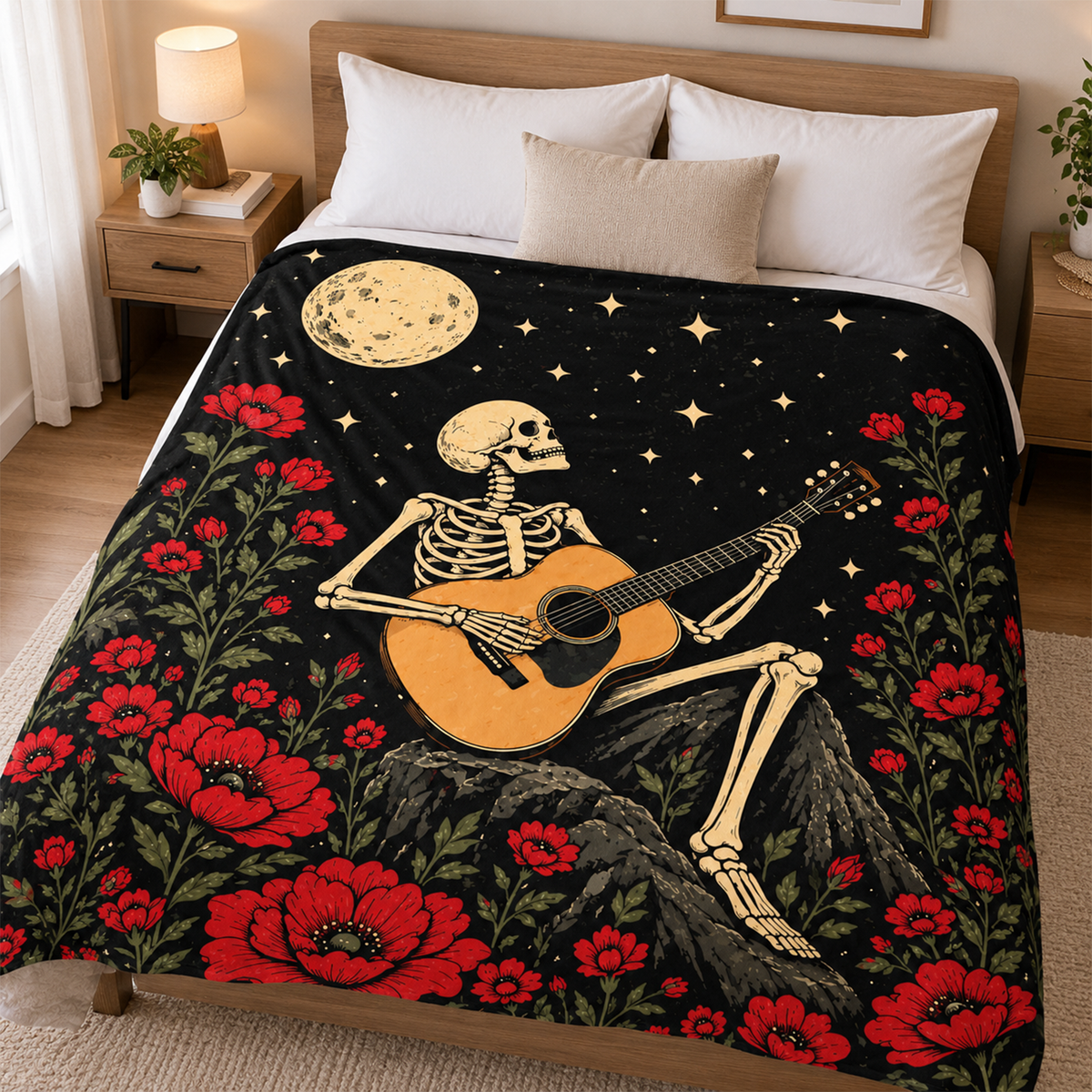 Skeleton Guitar Halloween Throw Blanket | Gothic Floral Music Decor Gift