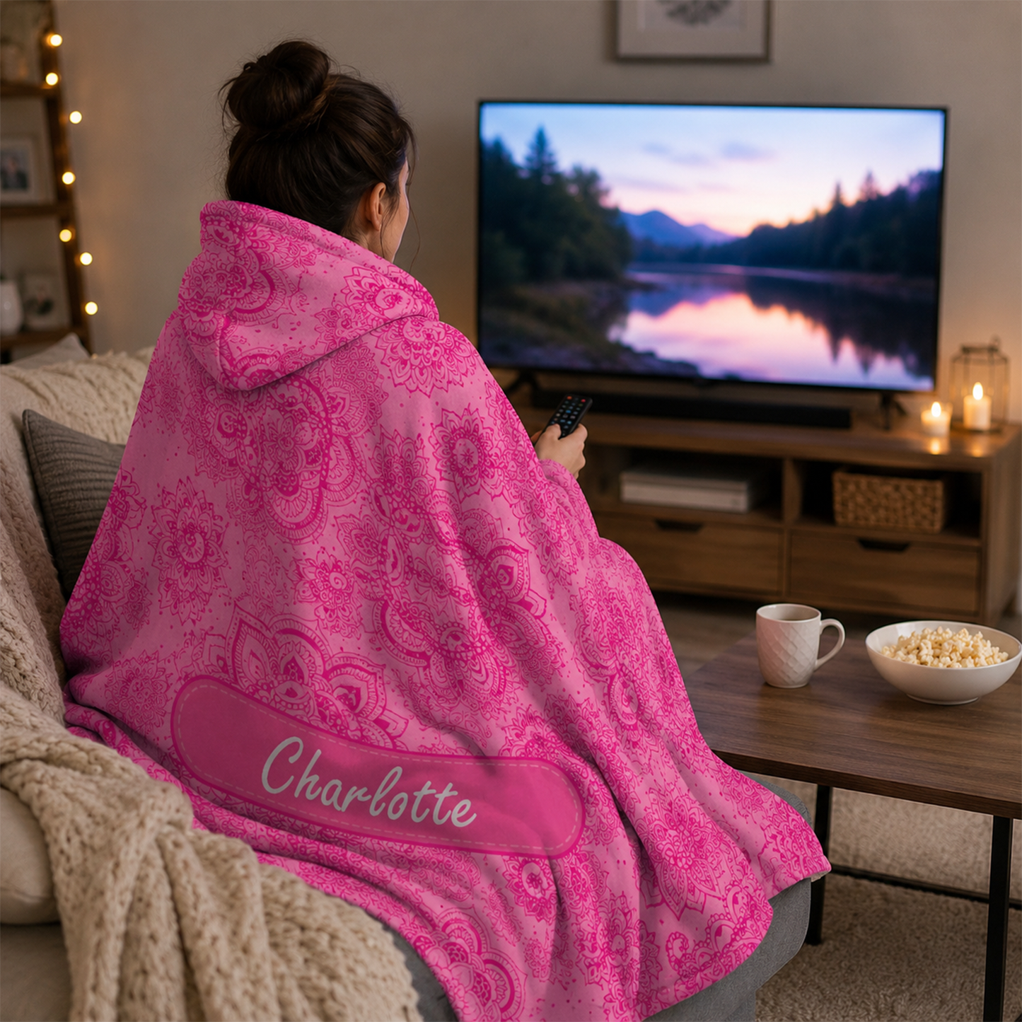 Person wearing personalized pazie hooded blanket as meaningful birthday gift
