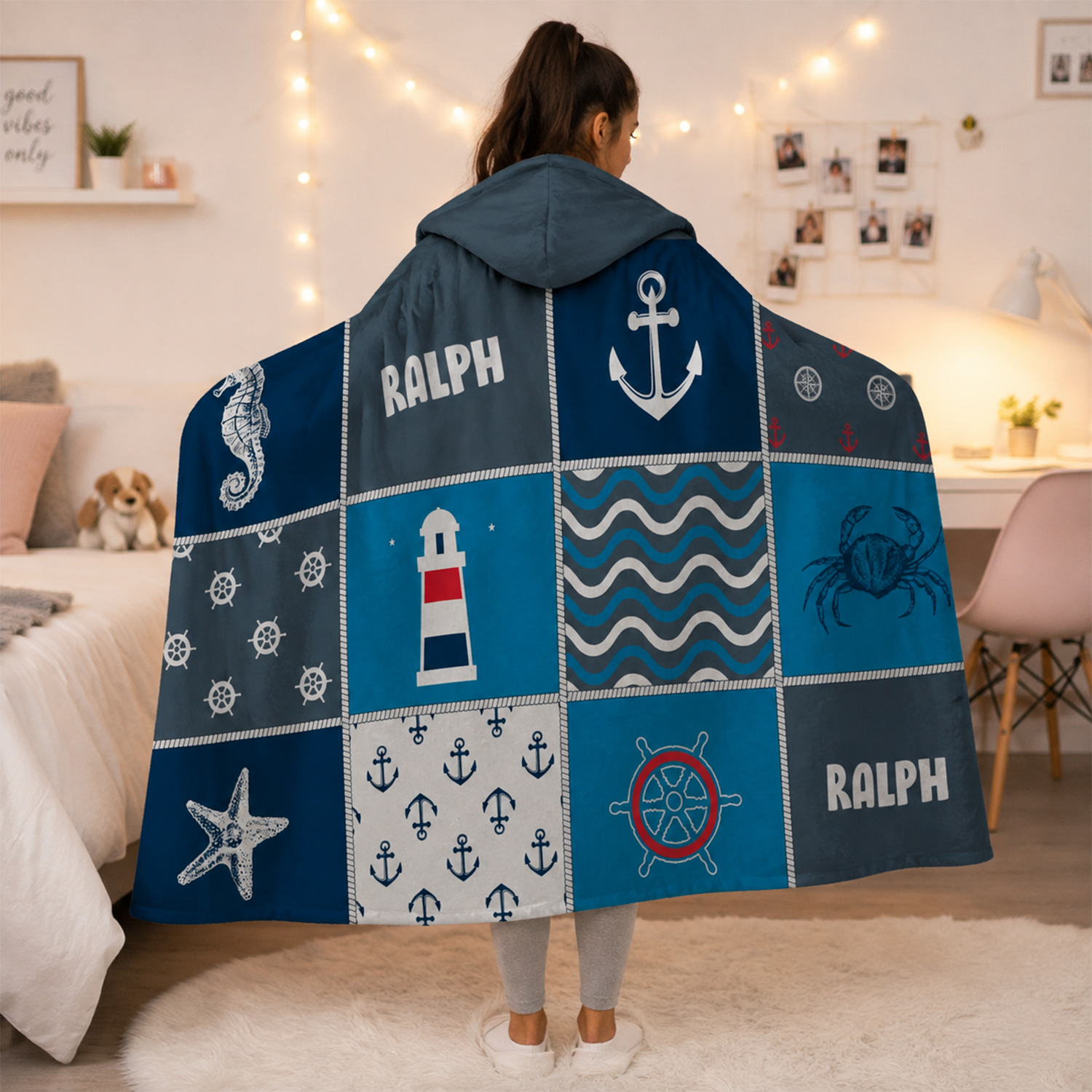 Custom name on sea grid Minky fleece hooded wearable blanket for nautical ocean lovers
