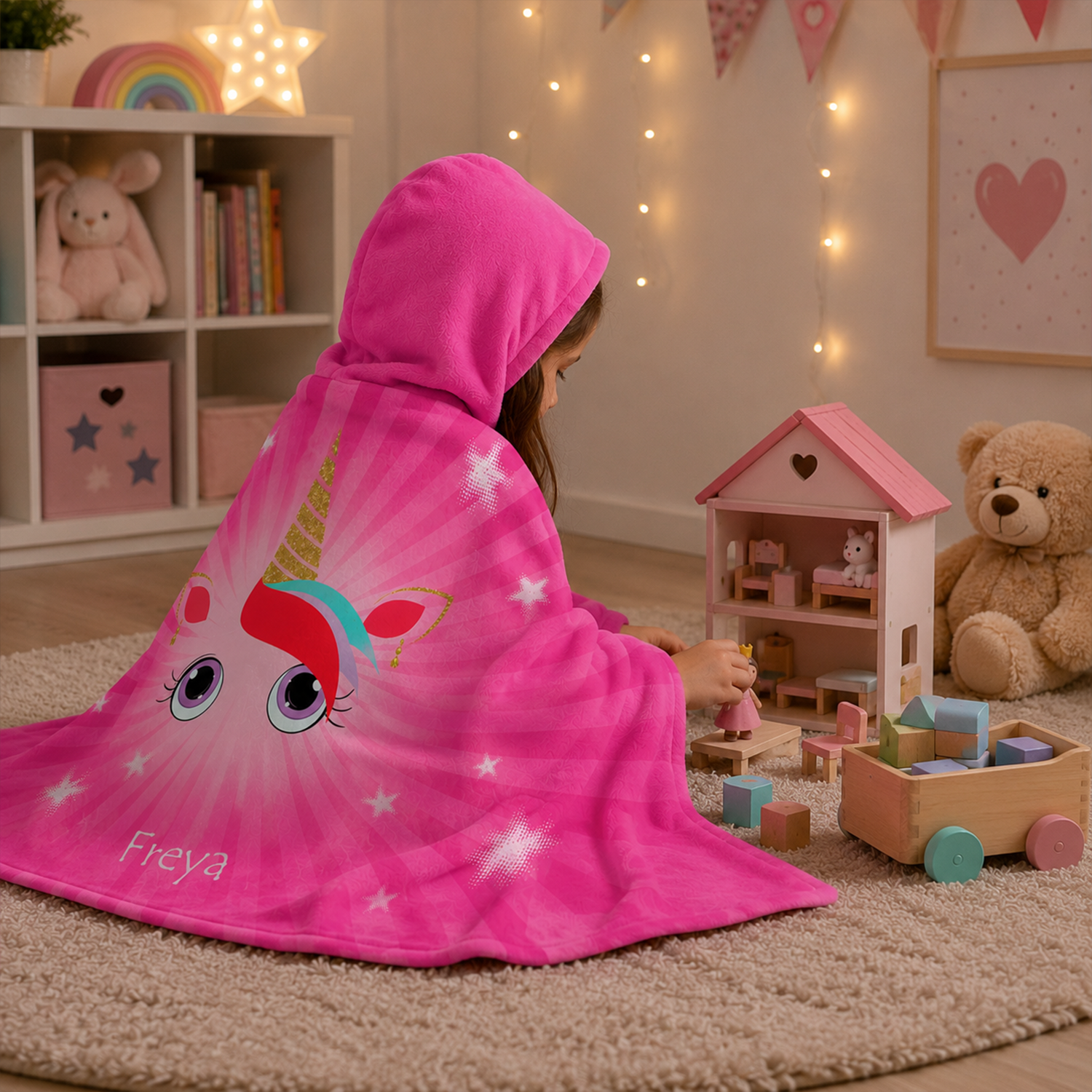 Woman wearing personalized enchantment hooded blanket as magical birthday gift
