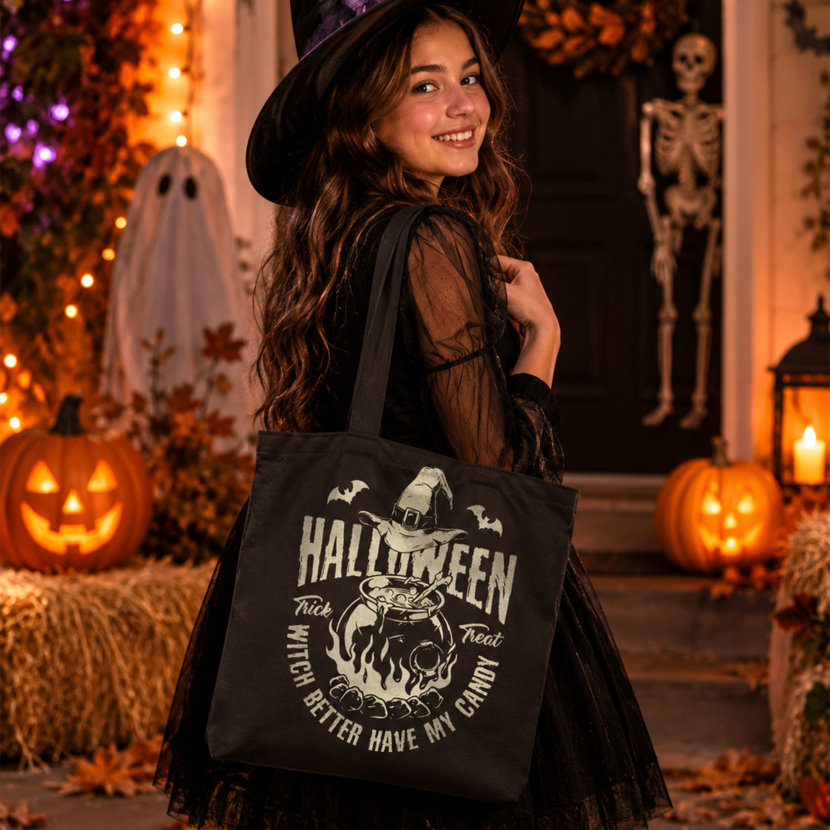 Women holding personalized midnight mischief Halloween tote as spooky seasonal gift
