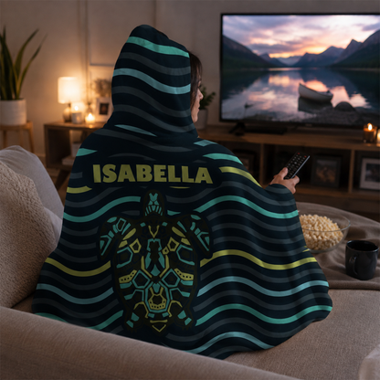 Custom name on lingering turtle Minky fleece hooded wearable blanket for ocean and turtle lovers
