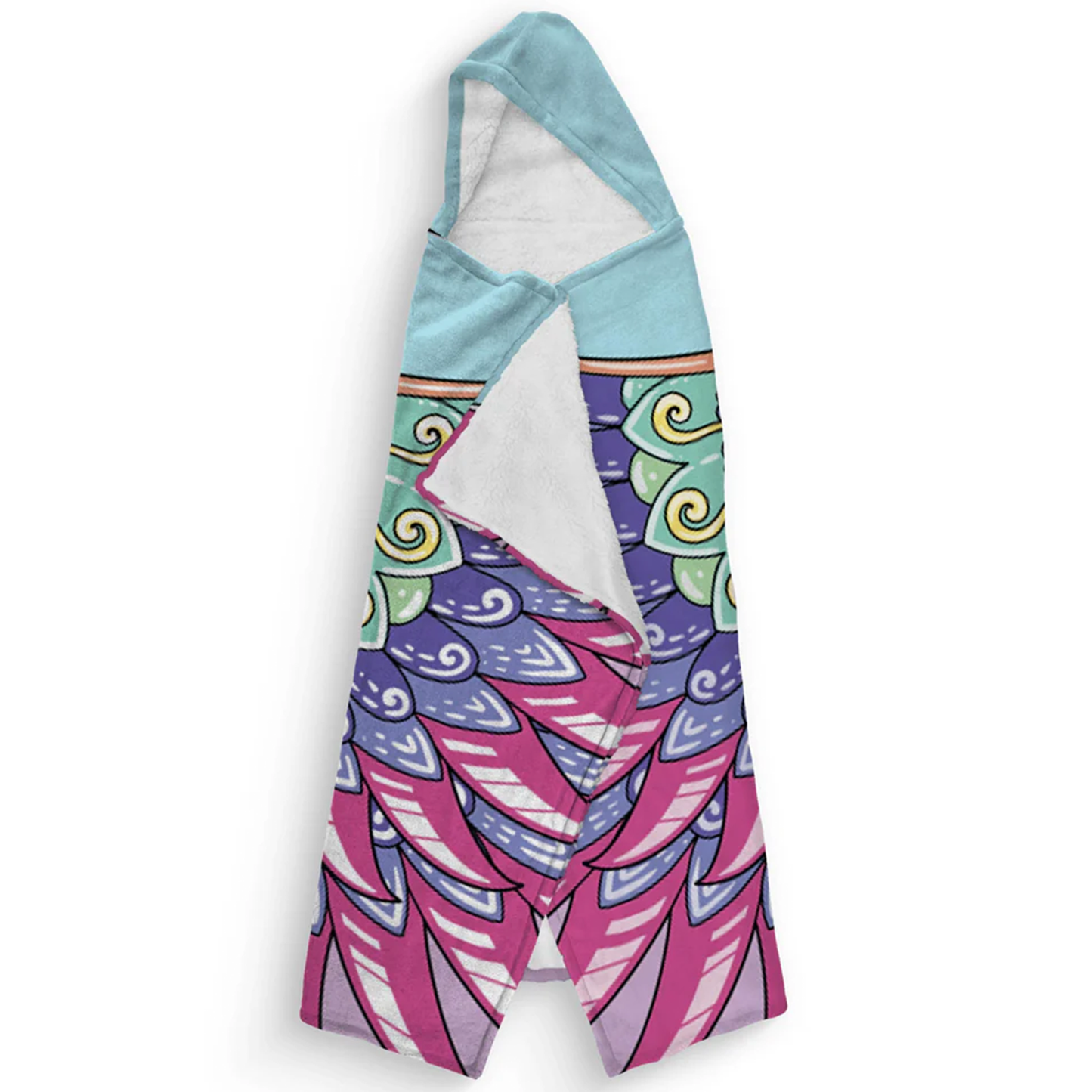 Close-up of custom name on whimsical wings Minky fleece hooded wearable blanket
