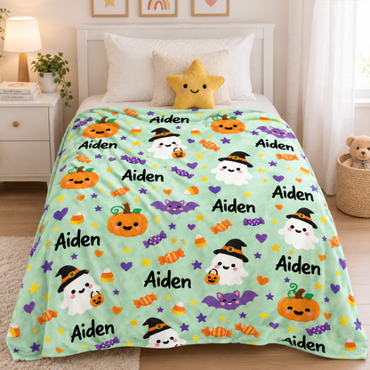 Close-up of custom name on personalized cute Halloween polyester fleece throw blanket

