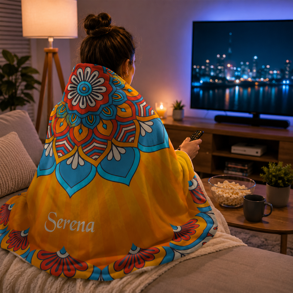 Custom name on mandala Minky fleece hooded wearable blanket for spiritual boho women
