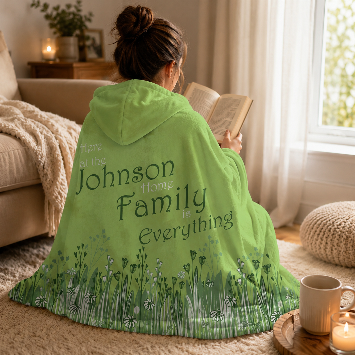 Custom family name on green Minky fleece hooded wearable blanket for family gift
