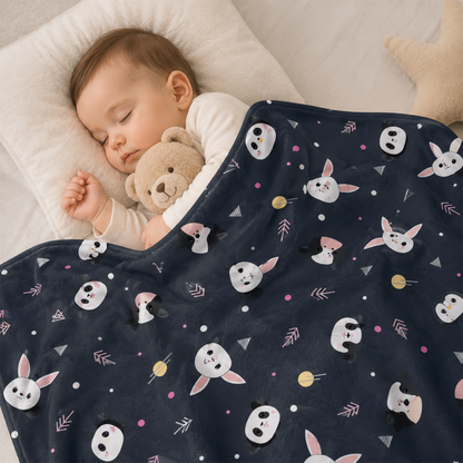 Baby wrapped in personalized cute animals fleece blanket as sweet baby shower gift
