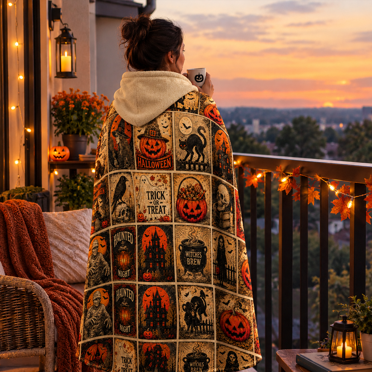 Vintage Halloween Woven Hooded Blanket | Trick or Treat Patchwork Design