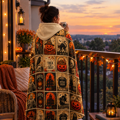 Vintage Halloween Woven Hooded Blanket | Trick or Treat Patchwork Design