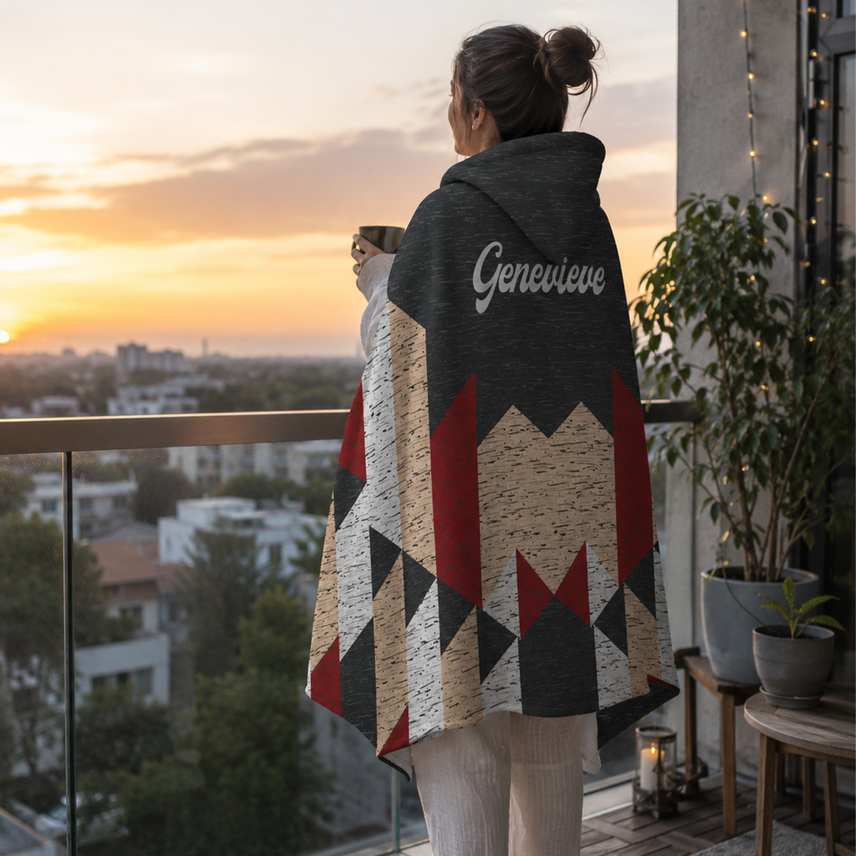 Custom name on matrix Minky fleece hooded wearable blanket for modern style women and teens
