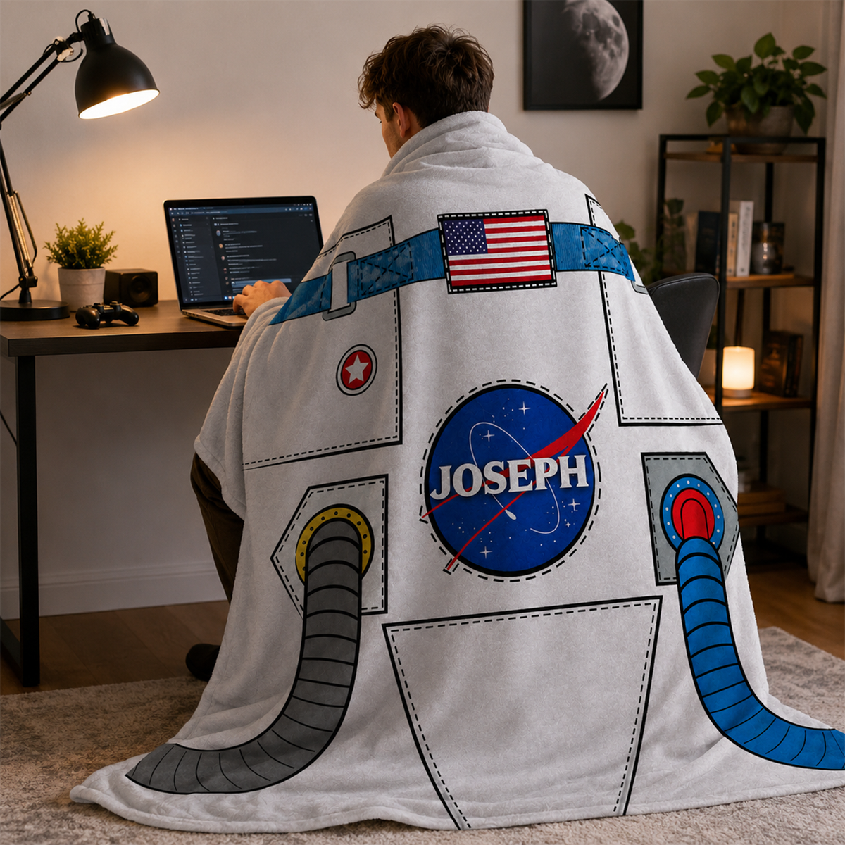 Child wrapped in personalized astronaut suit throw blanket as birthday space gift
