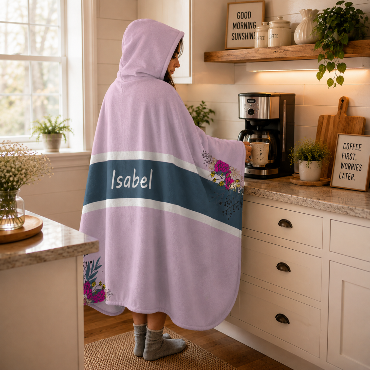 Custom name on pink peddling Minky fleece hooded wearable blanket for women and girls

